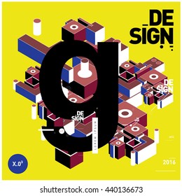 Letter G alphabet with colorful abstract isometric background illustration. Space layout and design template. Composition for poster and publication design.