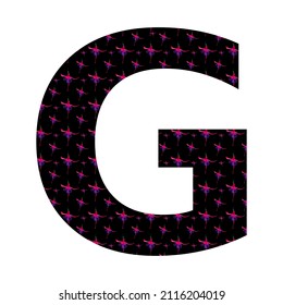 letter G of the alphabet made with a pattern of pink fuchsia flowers on a black background, isolated on white background, vector. with colors pink, red, purple, black and white