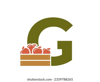 letter g with apple crate. creative fruit and organic food alphabet logo. harvest and gardening design. isolated vector image