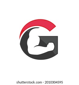 Letter G and biceps hand icon. Logo design. Vector Illustration.