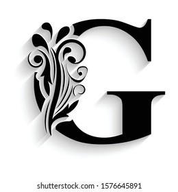 letter G. Black flower alphabet.  Beautiful capital letters with shadow