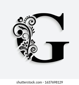 Letter G. Black Flower Alphabet.  Beautiful Capital Letters With Shadow