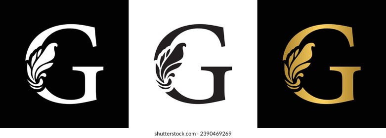 letter G. Black, white and golden  flower alphabet. Beautiful capital letters 