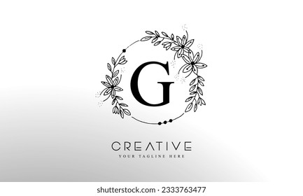 Letter G Botanical Flowers . Initial Wedding Monogram Font Logo. Circle Floral Logo