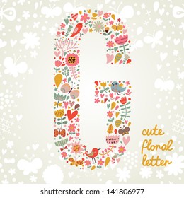 The letter G. Bright floral element of colorful alphabet made ??from birds, flowers, petals, hearts and twigs. Summer floral ABC element in vector