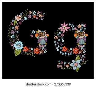 The letter G. Bright floral element of colorful alphabet Owl, flowers, and twigs. floral ABC element in vector
