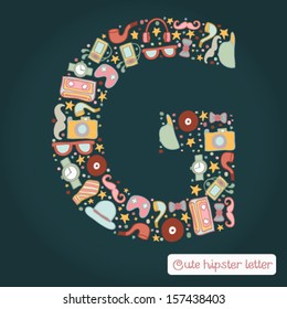 The letter G. Bright hipster element of colorful alphabet made! Hipster ABC element in vector. Vector hipster glasses, camera, a tie, the player, hat, mustache, pipe.