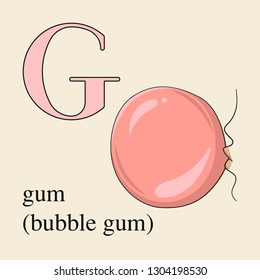 Letter G with bubble gum. Illustrated English alphabet with sweets.