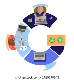 Letter G, business men working in office view from above. Vector illustration, flat design.