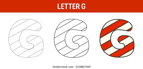 Letter G Candy Cane, tracing and coloring worksheet for kids