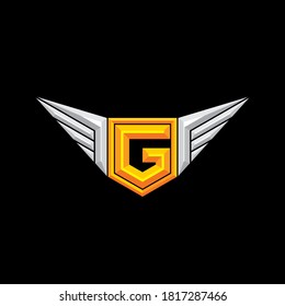 Letter G capital for initial for gaming logo, esport, military, sign. Typography. Embossed effect. Badge with wings.