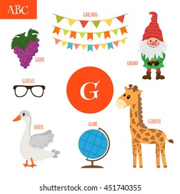 Letter G. Cartoon alphabet for children. Giraffe, gnome, grape, goose, globe, glasses, garland. Vector illustration