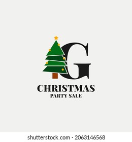 letter G with christmas tree decoration for celebrating december sale or party initial icon