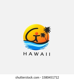 Letter G - Circle Hawaii Palm Beach Logo icon.  Nature logo design concept sunset, palm tree and  sea wave on circle for initial letter G, surfing shop, sport, Tour and Travel.