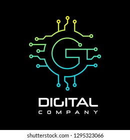 Letter G Circuit technology logo. Vector template for electronic. This logo with dot and circle symbol.