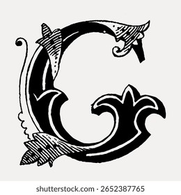 Letter G in classic medieval art alphabet illustration isolated on white, vector. Creative font and typography letter, isolated vector. Vintage black font.