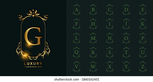 Letter G or collection initial alphabet with luxury ornament floral frame golden logo template.