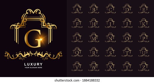 Letter G or collection initial alphabet with luxury ornament floral frame golden logo template.