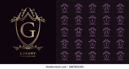 Letter G or collection initial alphabet with luxury ornament floral frame golden logo template.