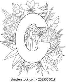 Letter G coloring page. Floral coloring. Vector illustration. 