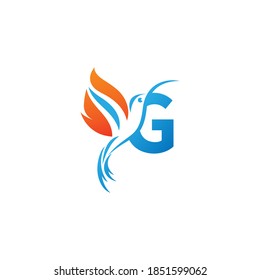 Letra G combinada con el diseño del logo del icono del colibrí del ala de fuego