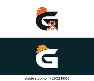 Diseño del logotipo de tapón de construcción y reparación del hogar de la letra G. Icono de vectores de protección contra Sombreros duros del casco del contratista y de la renovación del edificio.
