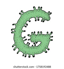 Letra G. Fuente Coronavirus. alfabeto de cuarentena vectorial. letras vectoriales médicas y de salud. ilustración vectorial. Alfabeto viral. Cartas en forma de bacterias. Van en contra de un blanco