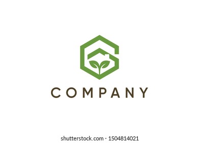 letter G cube and leaf concept, natural logo template, hexagon icon vector ready to use