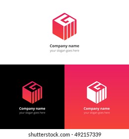 Letter G in Cube logo, icon with trend red-pink gradient color. Minimalism flat vector logotype design template. 