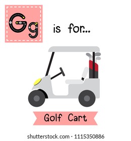 Letter G cute children colorful transportations ABC alphabet tracing flashcard of Golf Cart for kids learning English vocabulary Vector Illustration.