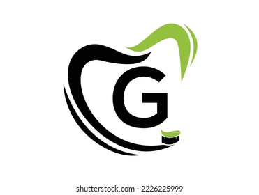 Letter G Dental Logo Design Template Inspiration With Tooth Brush Symbol , Vector Illustration