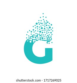 Letter G dispersing into a cloud of bubbles.
