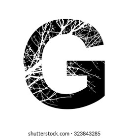  Letter G double exposure with white tree isolated on black background.Vector illustration.Black and white double exposure silhouette lettering combined with photograph of nature. Letters  alphabet.