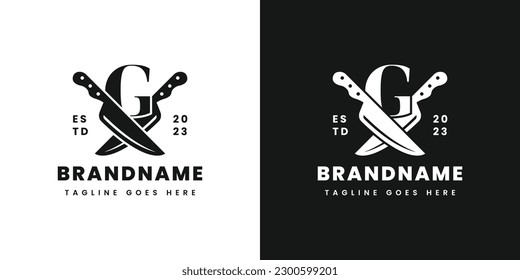 Logotipo de letra G de doble cuchillo, adecuado para cualquier negocio relacionado con cuchillo con G inicial.