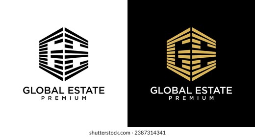 Letter G E logo design vector template. Golden real estate building with letter G E. Golden G and E logo isolated on black background. Logo design of investment, company, business, G, E, Financial.