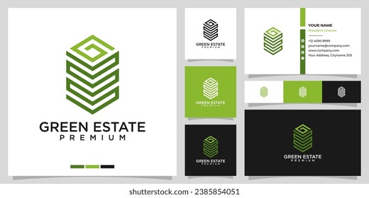 Letter G E real estate vector logo. Green building, urban city logo design with business card template. Vector logo template for real estate, global, tower.