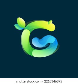 Letter G eco logo with gradient lines with green leaf. Environment friendly icon made of overlapping parts. Perfect for agriculture art, waste recycling app design, healthy food packaging.