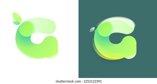 Letter G eco logo with green gradient and leaf in Glassmorphism style. Environment friendly icon made of overlapping parts. Perfect for agriculture art, waste recycling app, healthy food packaging.