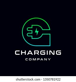 Letter G Electric Plug vector logo template. Font with green and blue gradient graphic.  Technology background. This alphabet is suitable for energy, power, cable, wire, electrical, device, connect.