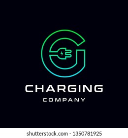Letter G Electric Plug vector logo template. Font with green and blue gradient graphic.  Technology background. This alphabet is suitable for energy, power, cable, wire, electrical, device, connect.