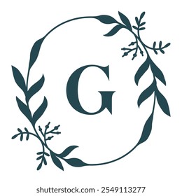 Letter G In Elegant Floral Oval Frame. Leafy Christmas Wreath. Vector  Illustration Isolated On White Background.