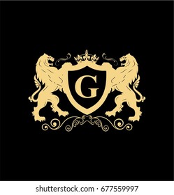 Letter G Elegant logo with two lions and shield vector design. Coat of arms