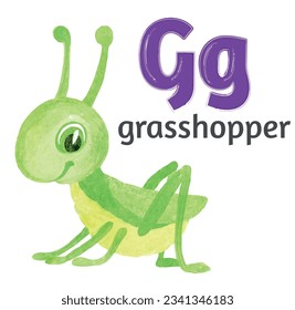 Letter G of the English alphabet with the image of a grasshopper in watercolor on a white background. Children's drawing.