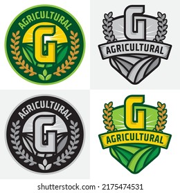 Letter G farm logo badges, vintage style farm emblem logo design, eco green icon badges, nature icon