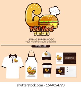Letter G Fast Food Burger Logo Design for Brand Label Food and Menu Restaurant or Cafe with Chef’s Hat on Pink Background. With Brand Identity Include Shirt, Apron, Hat, Cup, Business Card