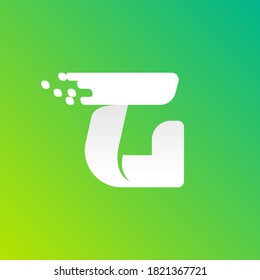 Letter G fast speed logo with checkered pixels pattern on the gradient background. Flat vector design can be used for delivery ads, technology poster, sport identity, etc.