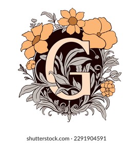 letter G Floral monogram. Vintage ornament initial Alphabet spiral style.