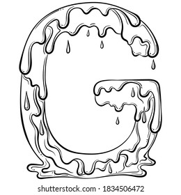 Buchstabe G mit Durchfluss-Tropfen und guter Spritze. Flüssigkeitssymbol zum Trocknen. Vektorgrafik-trendige Schriftart, handgezeichnet, Linien-Art-Stil einzeln auf weißem Hintergrund. Logo oder Anfangsbuchstaben von Slime.