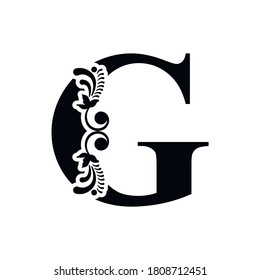 ornamento floral de la letra G. Logo del vector. Alfabeto monograma. Hermosas letras florales de mayúsculas
