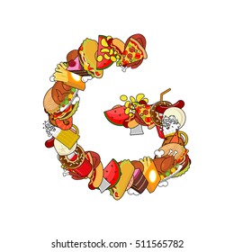 Letter G food. Typography sign from products. Edible template elements of alphabet. 